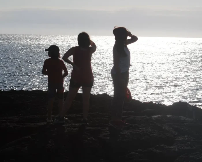 Silhouetted trio standing on a rocky beach, facing a shimmering sea at sunset.