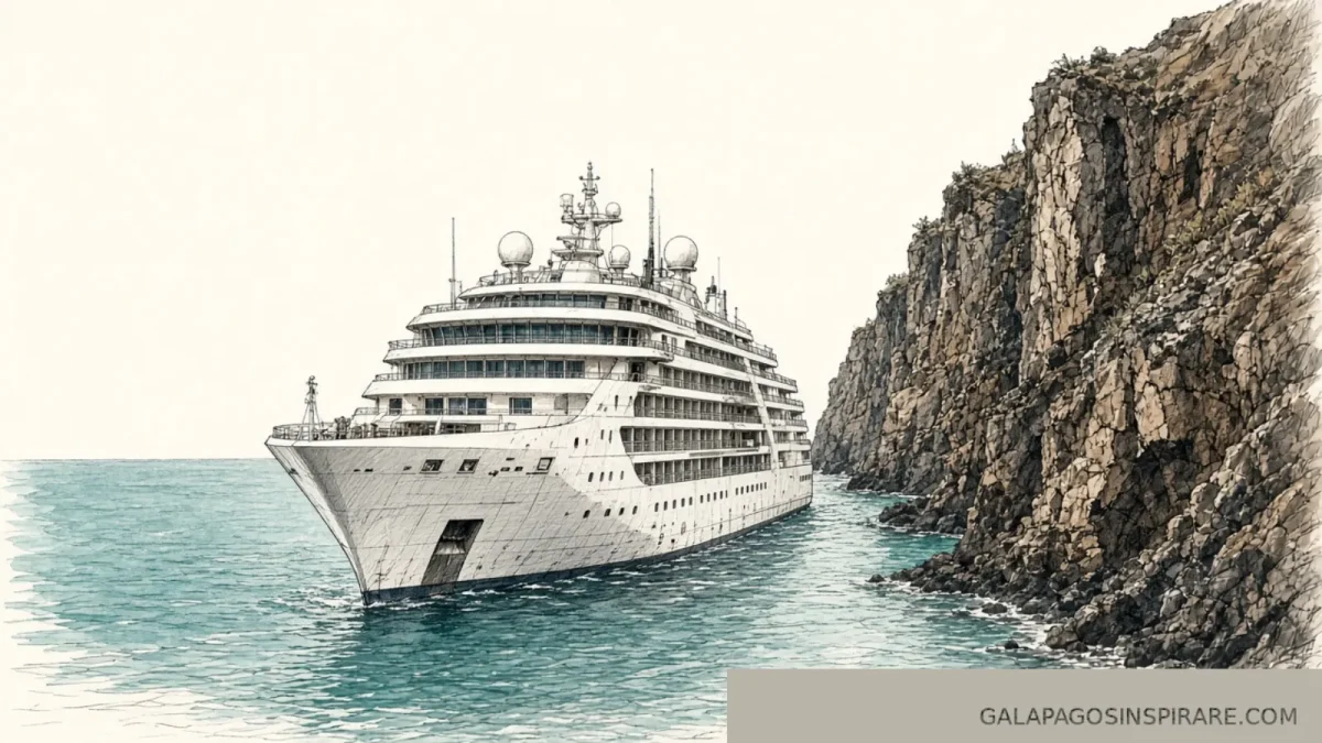 Naturalist sketch of Origin Silversea Galapagos expedition ship beside a volcanic cliff