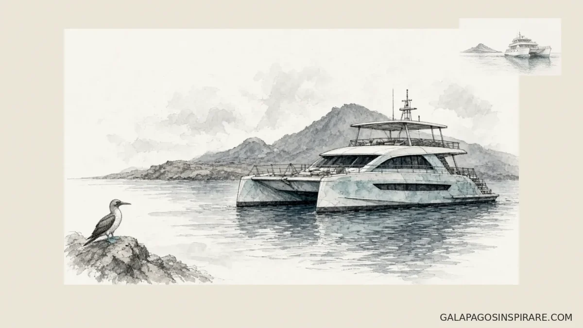 Hand-drawn naturalist sketch of Sirius Galapagos catamaran with wildlife accent on ivory paper