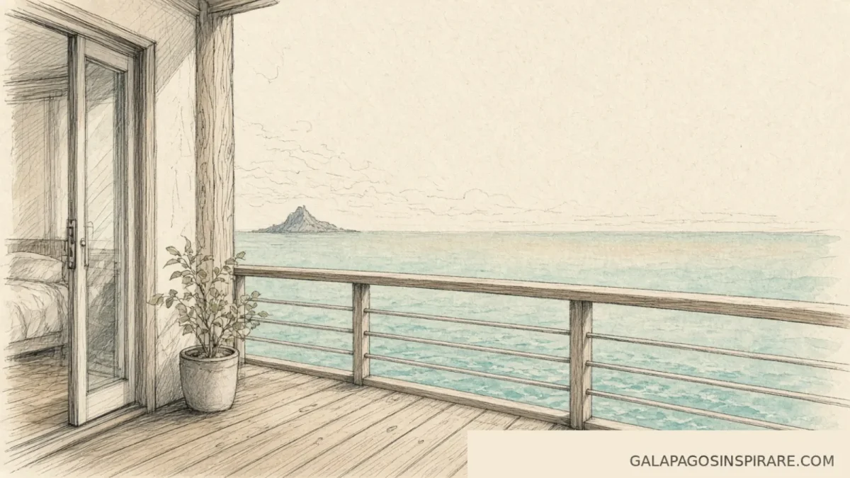 Naturalist sketch from a Treasure of Galapagos private balcony overlooking turquoise Galápagos water